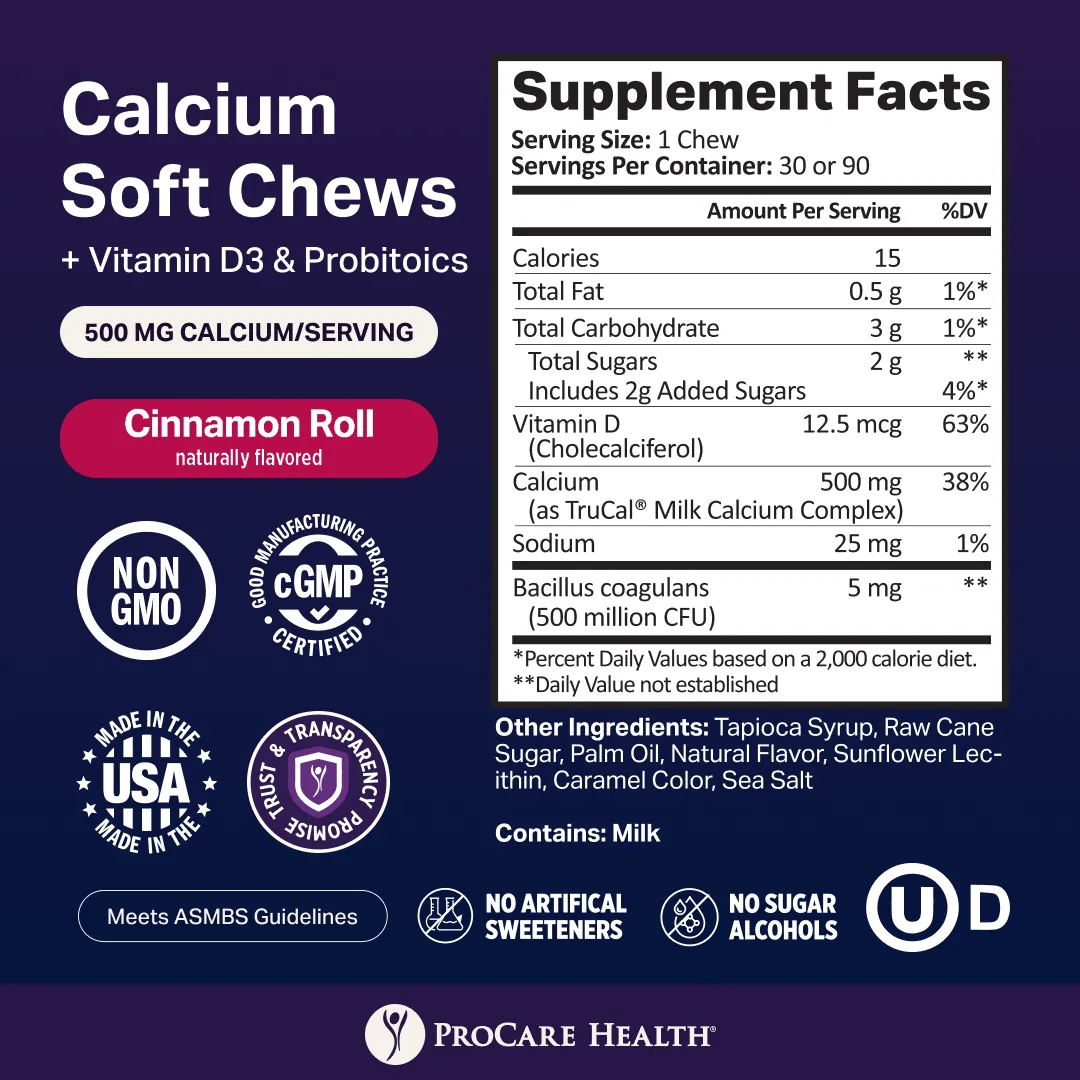 Supplement facts label for Cinnamon Roll flavored Calcium Soft Chews with Vitamin D3 & Probiotics