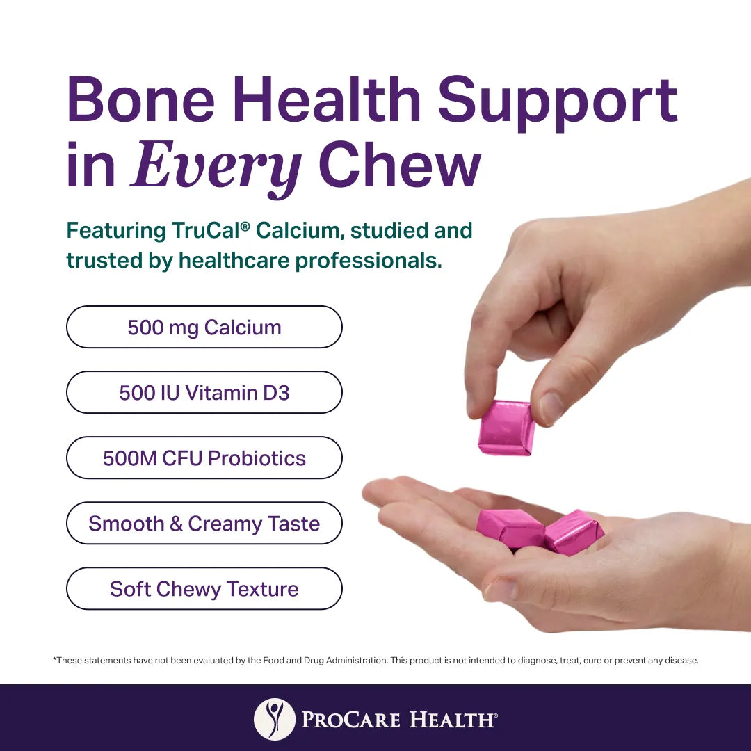 Hand holding Dinner Mint Calcium Soft Chews with callouts for 500 mg calcium, 500 IU vitamin D3 and 500M CFU probiotics