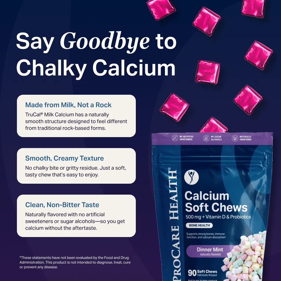 ProCare Health Dinner Mint Calcium Soft Chews bag with smooth, creamy texture and non-chalky taste callouts