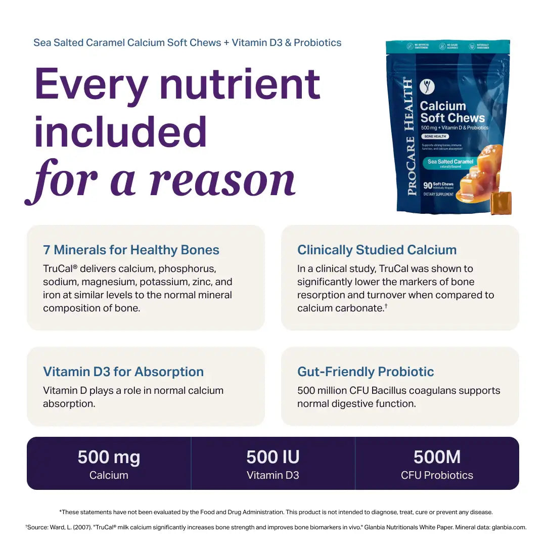 ProCare Health Sea Salted Caramel Calcium Soft Chews packaging with nutrient details on a white background