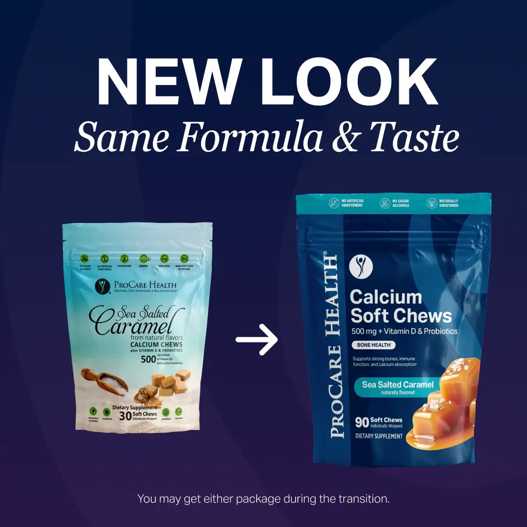 Two packages of ProCare Health Sea Salted Caramel calcium soft chews with text indicating a new look on a dark blue background.