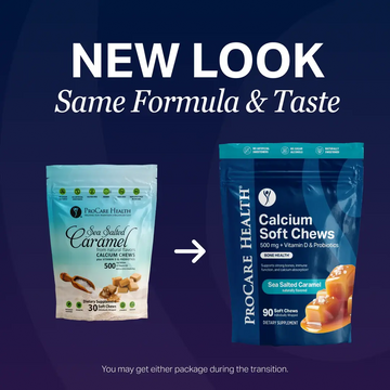 Two packages of ProCare Health Sea Salted Caramel calcium soft chews with text indicating a new look on a dark blue background.