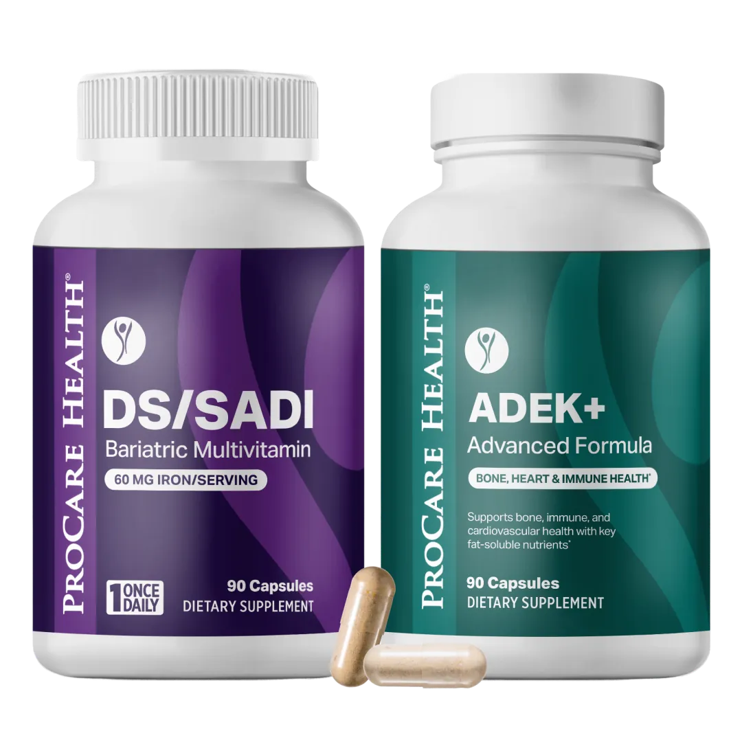 Two Procare Health dietary supplement bottles with labels DS/SADI bariatric multivitamin capsules and ADEK+ on a white background.
