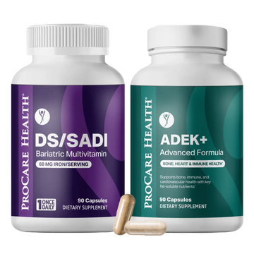 Two Procare Health dietary supplement bottles with labels DS/SADI bariatric multivitamin capsules and ADEK+ on a white background.