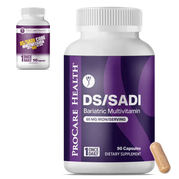 ProCare Health DS/SADI Bariatric Multivitamin bottle with a smaller bottle in old packaging the background on a white background.
