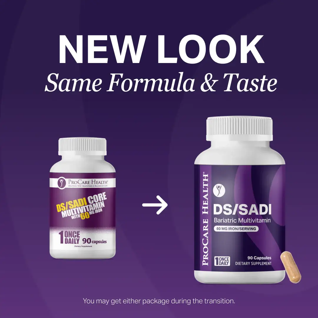 Two bottles of ProCare Health DS/SADI Bariatric Multivitamin capsules on a purple background with text indicating a new look.