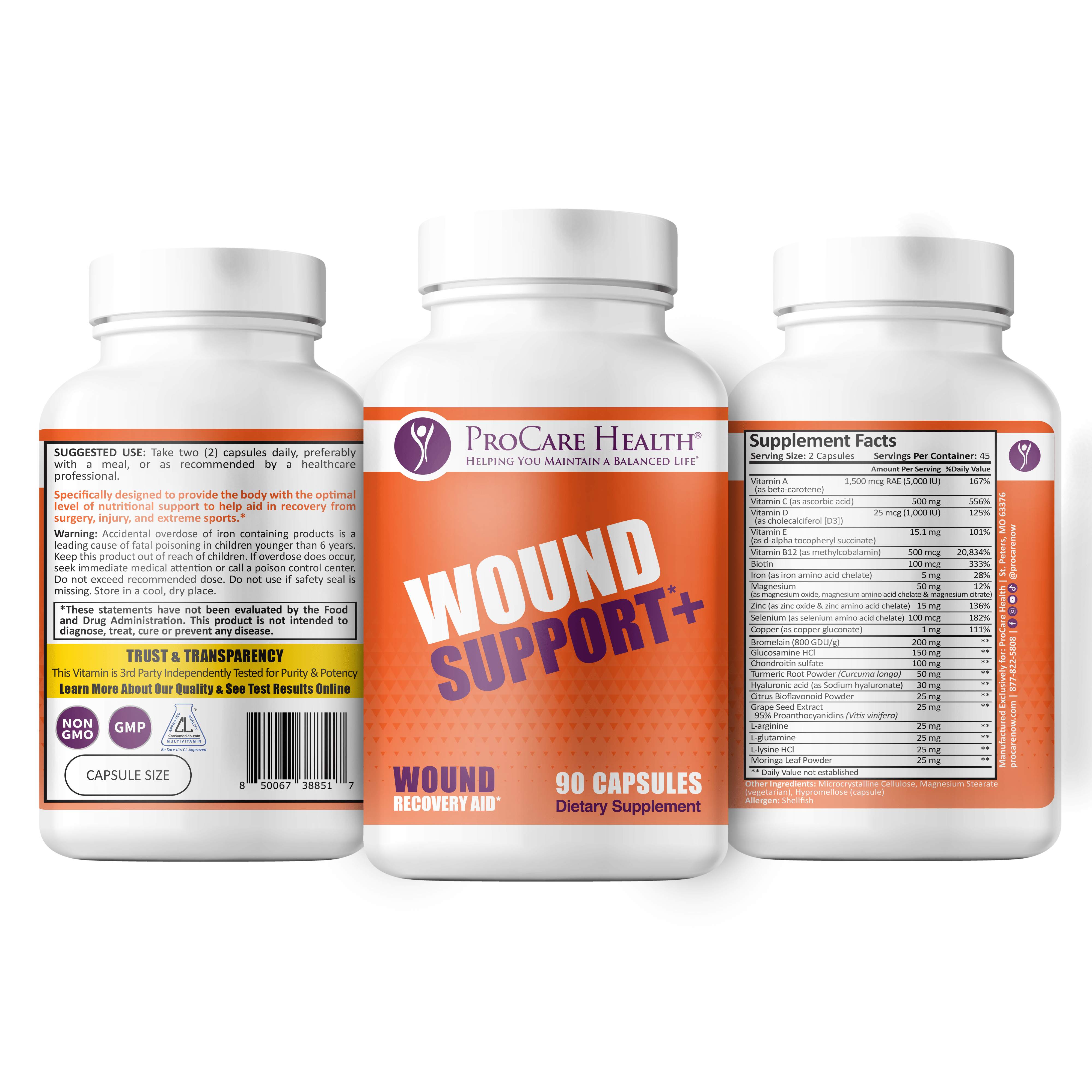 Wounds Support+ in 90ct Orange Bottle with Supplement Facts and Suggested Use Label