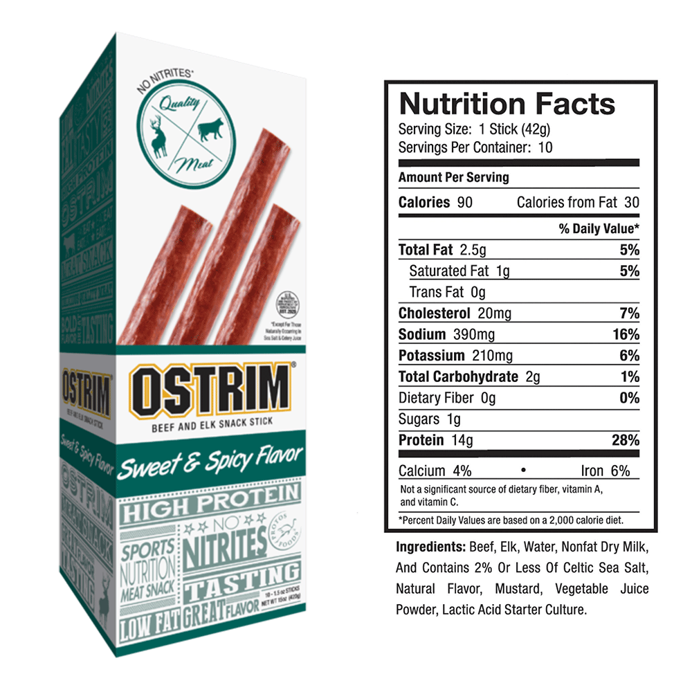 Ostrim beef and elk snack stick, sweet & spicy flavor, nutrition facts.