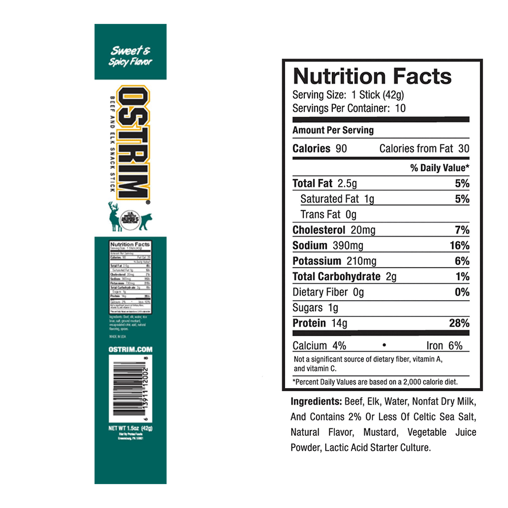 Ostrim Sweet & Spicy Elk Snack Stick nutrition facts