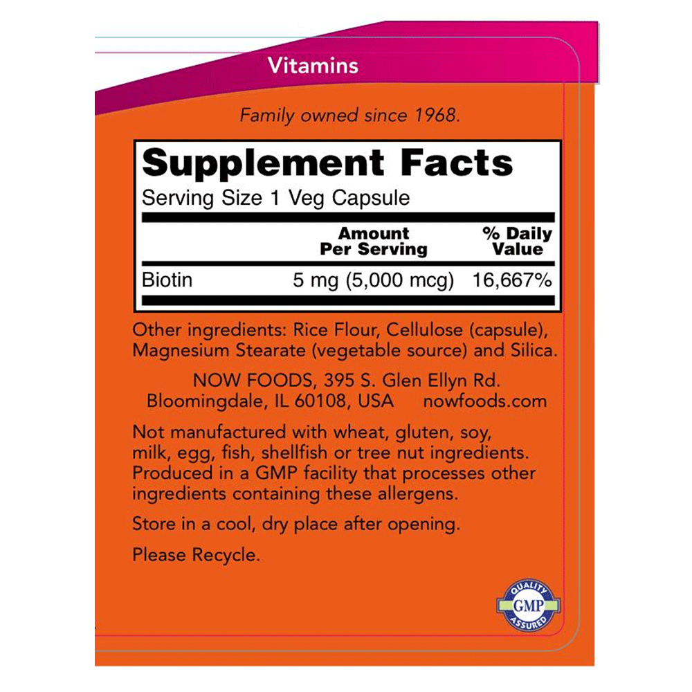 Biotin 5mg Supplement Facts Label (NOW Foods)
