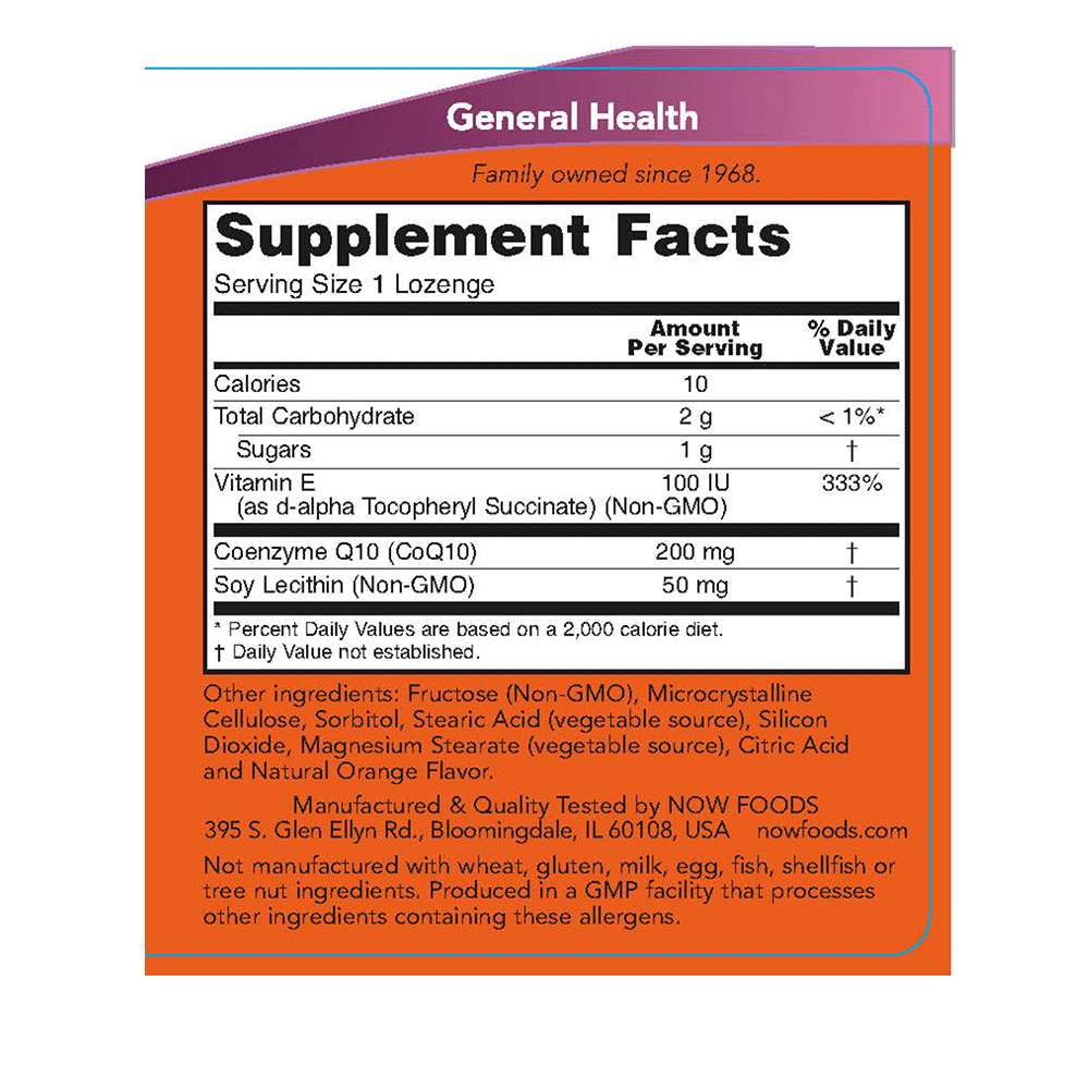 NOW Foods CoQ10 90 lozenge Supplement Facts