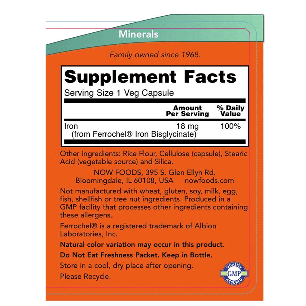 Iron | 18mg | Veg Capsule | 120 Count Supplement Facts