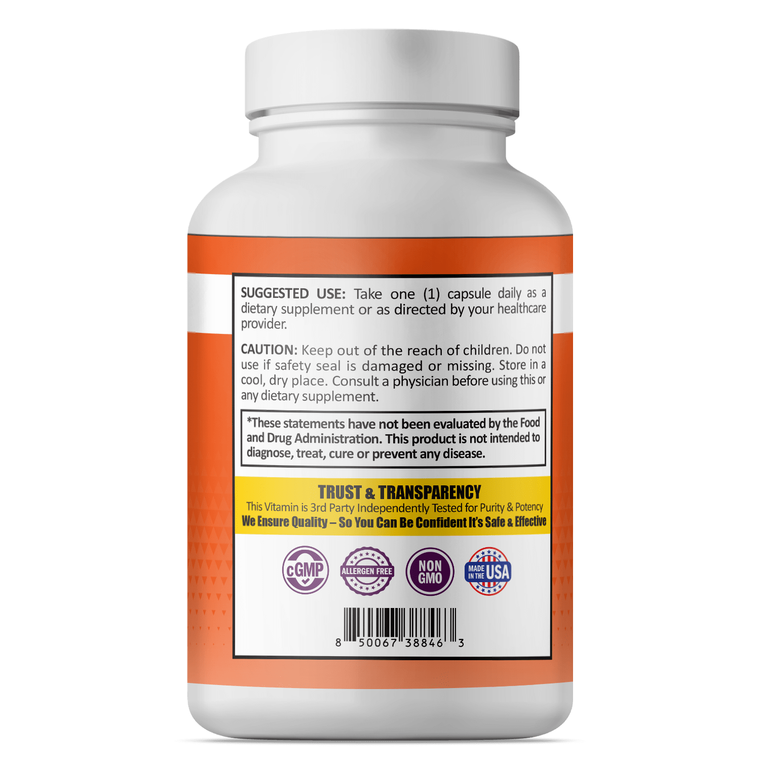 Thiamine B1 supplement bottle, back view, with suggested use and label.