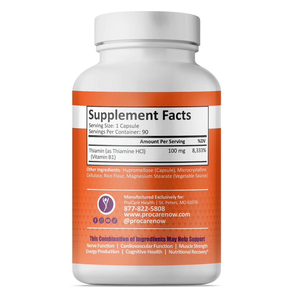 Thiamine (Vitamin B1) supplement bottle - ProCare, 100mg