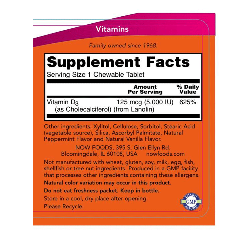Vitamin D-3 | 5,000 IU | Mint Chewable | 120 Count Supplement Facts