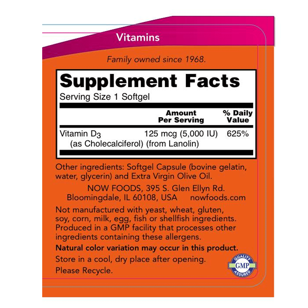 Vitamin D3 5000 IU supplement facts label